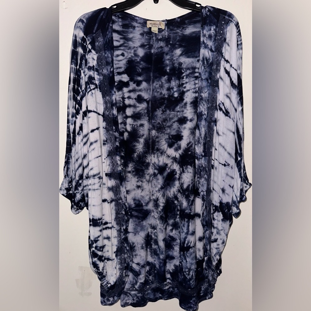 Emerald Blue & White Tie Dye Hippie Boho Chic‎ Stretchy Wrap Shrug Cover Sz L